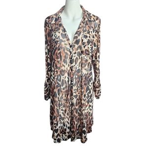 Black Caramel Brown Leopard Print Long Blouse Duster Tunic 1X Fall Sheer Mobwife